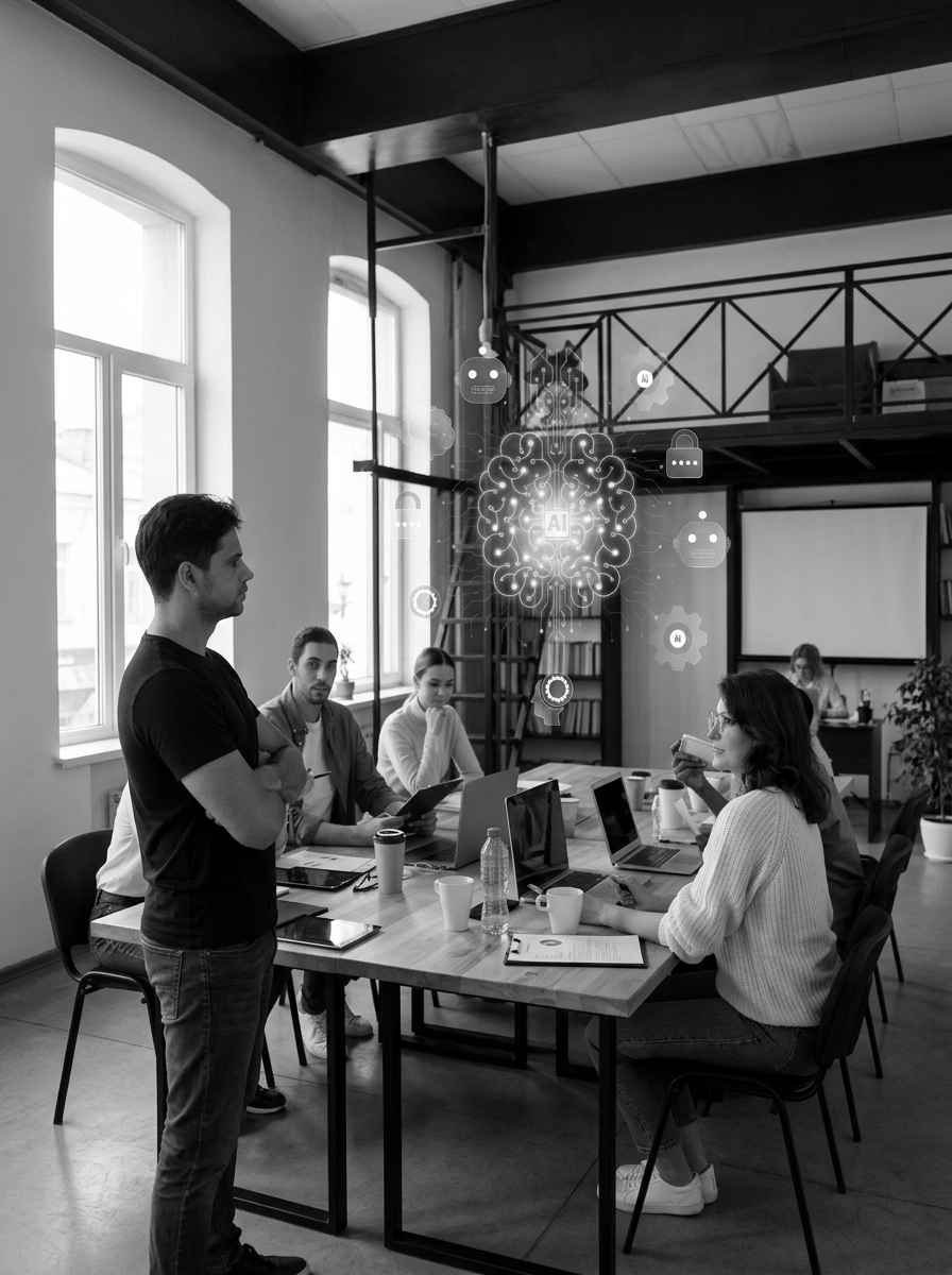 Equipe discutindo estratégia de IA